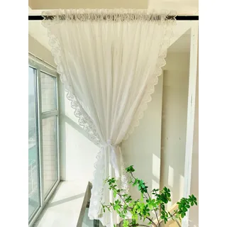 Vordesack Jacquard Scheibengardine Landhausstil mit Streifen Muster und Spitzenkante transparente Gardine mit Stangendurchzug in Küche, Wohnzummer 1 Stück Weiß HxB 120x100cm