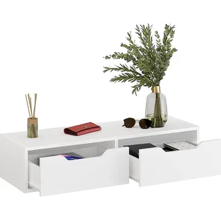 KOMTO Wandregal Weiß mit 2 Schubladen – Wandkommode für Schlafzimmer, Garderobe Hängeschrank, Schminktisch Wandmontage, Wandschublade | Nachttisch Hängend NOKA 100 x 32,5 x 22 cm