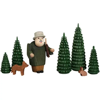 Jägergruppe Seiffener Volkskunst Jäger Hund Hase Bäume Miniatur aus Holz 8 cm