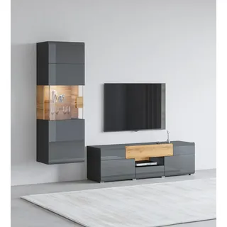 OTTO home Wohnwand OTTO HOME "Toledo", grau (antrazit, antrazit hgl, grandson), B:212cm, Kastenmöbel-Sets, Wohnwand