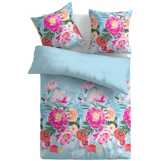 BestLivings Bettwäsche Satin Frühjahresblumen Blau 135 x 200 cm + 80 x 80 cm