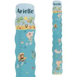 Personalisierte Kinder Holz Messlatte 'Atlantis' aus Birkenholz mit Wunschnamen, Messlatte Kind Motiv Meerjungfrauen, Fische, Korallen, Palmeninsel, ca. 15 x 100 cm
