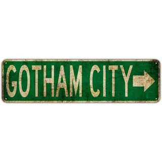 TammieLove Gotham City mit rechtem Pfeil Dekor Wand Straße Rustikales Vintage Retro Metallschild Straßenschild 10,2 x 40,6 cm