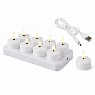 Lumineo LED-Kerze LED Teelichter warmweiß Akku USB Ladestation Timerfunktion 8er (LED Teelicht Set Akku warmweiß wiederaufladbar Innenbereich, 10-tlg., 8 LED Teelichter warmweiß mit USB Ladestation und Timerfunktion), Warmweiß Timerfunktion Akku USB Ladestation flammenlos dekorativ