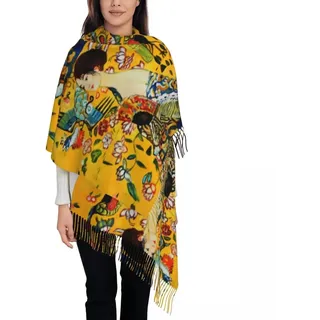 ZISTRCBAO Warmer Deckenschal Für Den Winter, Damen-Quastenschal, Gustav Klimt, Langer, Superweicher Schal, Wickeltuch, Dame Mit Fan-Geschenken, Warme Pashmina-Wollschals