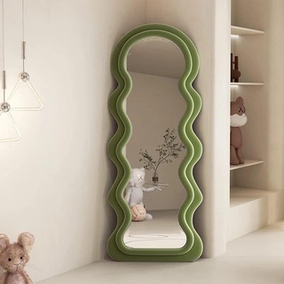 SHAIRMB Ganzkörperspiegel 63"x24", Unregelmäßiger gewellter Spiegel Wave-Bodenspiegel, Wandspiegel für Schlafzimmer, Stehend, hängend oder An die Wand gelehnt, Mit Flanell umwickelter,Grün,160 * 60cm