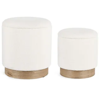 Pouf Zoya 2er-Set aus Stoff, modern mit Stauraum, rund, Weiß, Eschenholz-Gestell