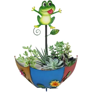 Regenschirm hängende Pflanzer niedlicher Frosch Cartoon lebendiger Metallwand Pflanzer mit Entwässerung belüftet 11x5x16in dekorativ hängende Blumentopf -Zaundekor, Metall -Wand -Pflanzer Metallhänge