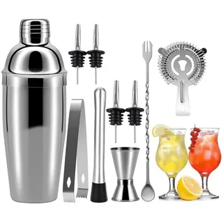 LuxusKollektion Cocktail Shaker Edelstahl Cocktailshaker Set 750ML 10-Teiliges Profi Bar Kit silberfarben