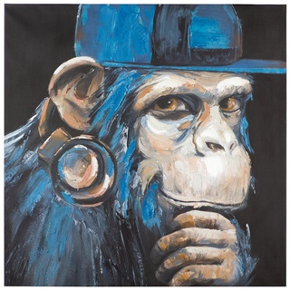 GILDE Deko großes Bild auf Leinwand 80 x 80 cm - Keilrahmen Bild XL Wandbild Affe mit Kopfhörer - bunte Wanddekoration - blau schwarz beige