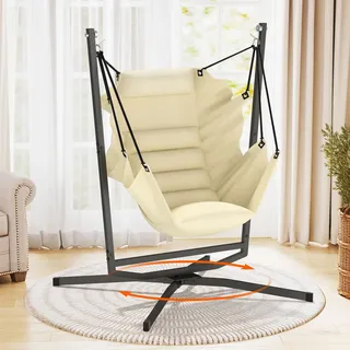 Hängesessel mit Gestell, Outdoor & Indoor Hängeschaukel, Hängestuhl 360° Drehung Hängesessel mit Gestell & Kissen, 180kg Traglast, für Wohnzimmer- Schlafzimmer, Garten Balkon Terrasse (Beige)