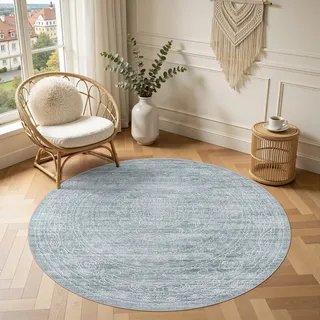 DMOYEST Vintage Teppich Rund 150 cm Hellblau Waschbar | Waschbarer Kurzflor Teppiche mit Rutschfester, Weich und Dünn, für Schlafzimmer Esszimmer Büro, Kind und Haustierfreundlich