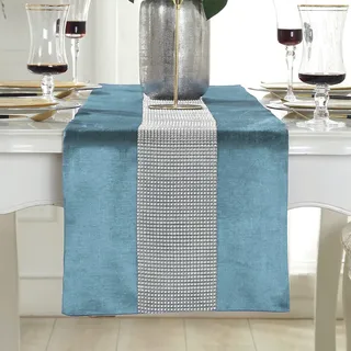 Deggodech Tischläufer Glitter Tischläufer Silber Diamant Table Runner für Küchentisch, Kaffeetisch, Kommode,Weinschrank Dekoration (32 x 210 cm, Blau)