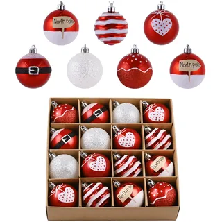 Valery Madelyn Weihnachtskugeln 16 Stücke 6cm Christbaumkugeln Kunststoff Weihnachtskugel Weihnachtsdeko mit Aufhänger Geschenkpaket Weihnachtsbaumschmuck Rot Weiß Thema
