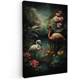 MuchoWow© Leinwand Bilder Groß XXL Wanddeko Wohnzimmer Aesthetic Room Decor | 80x120 cm - Deko Zimmer Wandbilder Modern Fotogeschenke Flamingo - Blumen - Dschungel - Vögel - Natur