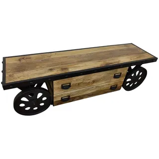 Indoortrend TV Lowboard Sideboard mit Rädern - Fernsehtisch im Industrial Design aus hochwertigem Mangoholz mit Metall Rahmen, Zwei Schubladen zum Verstauen von Technik - Maße (B/T/H) 167/47 / 45 cm