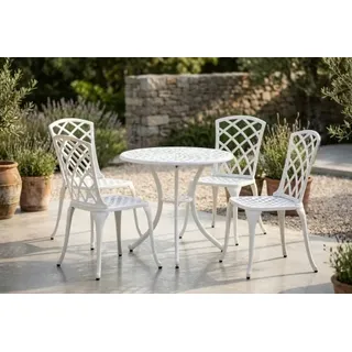 Brafab Set Arras Aluminium weiß, 4 Sessel und 1 Tisch Rund 70cm