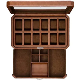 ROTHWELL 12-Fach-Leder-Uhrenbox mit Valet-Schublade – 12-Fach-Luxus-Uhrenetui, Display-Organizer, Microsuede-Einlage, Herren-Accessoires-Halter, Schmuckkästchen, Schmuck-Display-Organizer (Tan/Braun)