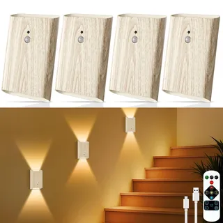 Toowell Wandleuchte Innen Akku Wandlampe Aufladbar,Hellgelbbraun 4 Stück | Akku Wandlampe Ohne Bohren Lampe mit Bewegungsmelder 3 Modi,Dimmbar,Timer,USB Aufladbar Wandlampen für Treppe Schlafzimmer