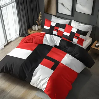 Generisch Geometrisch Bettwäsche 135x200 2tlg, 1 Kissenbezüge 80x80 - Modern Schwarz Weiß Rot Design Wendebettwäsche, Weiche Mikrofaser Bettbezug mit Reißverschluss, Deko & Geschenke
