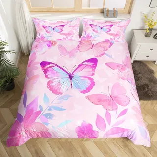 Homewish Mädchen Rosa Schmetterling Bettbezug Set Romantische Pflanzen Ästhetische Blumen Bettwäsche 135x200cm für Kinder Prinzessin Teenager,Cartoon Schmetterlinge Bettwäscheset Schlafzimmerdekor