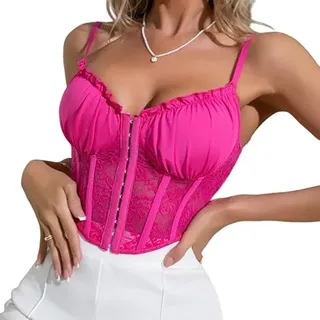 Haibang Damen Crop Top Spitze Sexy Spaghetti Bauchfrei Oberteile Sheer Mesh Corset Korsett Top Slim Fit Bralette Spitzen Camisole Sommer Cami Tank Top Clubwear - L