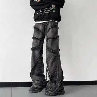 Retro Street Rock Herren Y2K Punk High Waist Wide Leg Raw Edge Jeans Darkwear Washed (3XL Schwarz)