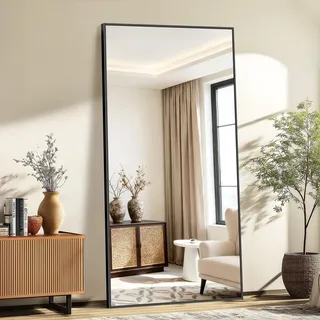 KOCUUY Rechteckig Ganzkörperspiegel, 196 x 96 cm Großer Standspiegel, Groß Wandspiegel mit Schwarz Aluminium Rahmen, Hängend, Stehend, Kippbar, für Wohnzimmer, Schlafzimmer und Flure