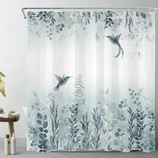 LB Grün Pflanzen Duschvorhang 240x175cm Aquarell Vogel und Blatt Antischimmel Wasserdicht Badezimmer Vorhänge, Natur Landschaft Extra Breit Polyester Stoff Bad Vorhang mit Haken
