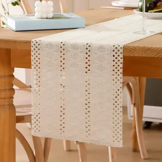 Tischläufer Beige Makramee Boho Baumwollflachs Tischläufer 30 X 240 Häkelspitze Mesh Landhausstil Waschbar Läufer Tisch Gewebt Böhmische Dekoration für Küche Hochzeit Tabletop Dekor