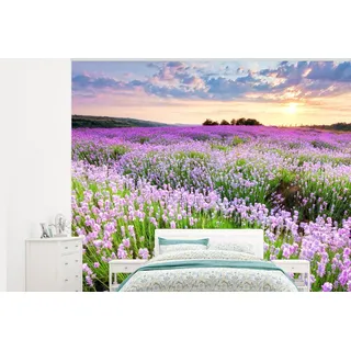 MuchoWow Fototapete Blumen - Lavendel - Lila - Himmel - Sonnenuntergang - Wiese - Natur, Matt, bedruckt, (5 St), Vinyl Tapete für Wohnzimmer oder Schlafzimmer, Wandtapete, 300x240 cm bunt 3 m x 2 m