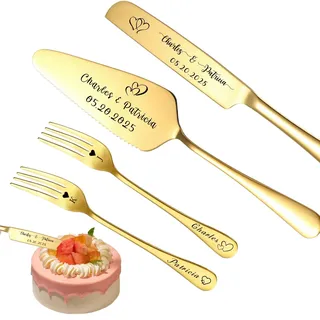 Personalisiertes Hochzeitstortenmesser - und -heber-Set Individuelles Tortenservierset Hochzeitstorten-Schneideset Personalisiertes Geschenk zum Jahrestag Geburtstag Weihnachten (Gold - mit Gabel)