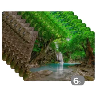MuchoWow Platzset Dschungel - Wasserfall - Pflanzen - Wasser - Natur, (6-St), Platzsets, Tischset, Abwaschbar, Tischsets, Platzdeckchen bunt