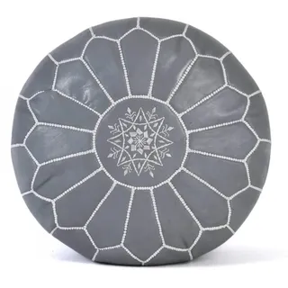 Leder Pouf grau mit schwarzer Ziernaht und formstabile Füllung - marokkanische Sitzkissen traditionelle Handarbeit Leder Sitzpouf rund gefüllt Ottoman orientalische Kissen Bodenkissen (pouf grau)