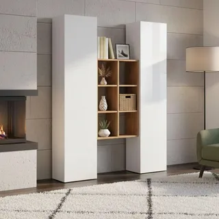 Dmora - Kommode Franco, Wohnzimmer-Set mit 2 Türen und Regalen, Wohnzimmer-Buffet, Küchen-Sideboard, 100% Made in Italy, 140 x 30 x 180 cm, glänzendes Weiß und Ahorn