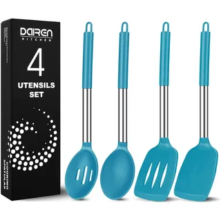 Silikon Pfannenwender und kochlöffel Set, 4 Stück, Blau | Silikon Küchenutensilien Kochbesteck Set mit Edelstahlgriff, Antihaft Hitzebeständiger Kochutensilien Set, Spülmaschinenfest