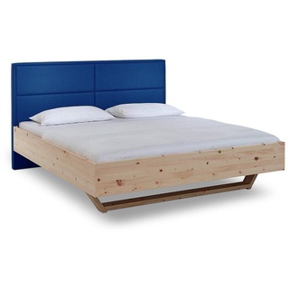 Natur24 Einzelbett Luganox Bett aus Zirbe massiv 140x200 cm mit Stoffkopfteil Blau blau