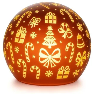 muchome Deko Kugel LED Licht Gold mit Timer Weihnachtskugel rot/Gold 10cm, mit 10 warmweiße LEDs Weihnachtsmotive Weihnachten aus hochwertigem Glas