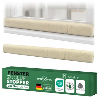 Zugluftstopper für Fenster 100cm Natur Schurwolle – stoppt Zugluft & Kälte, dämpft Lärm/Staub/Licht, rutscharm, ohne Bohren; für Fensterbank/Rahmen, Spalt abdichten, Innenbereich, 2er-Set