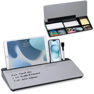 Varhomax Schreibtisch-Whiteboard aus Glas mit Trockenabwischfunktion, Desktop-Whiteboard mit Aufbewahrung, To-Do-Liste, Notizblock, Schreibtisch-Begleiter und Tastaturständer (Schwarz/Grau)