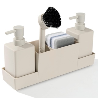 Küchenseifenspender mit Schwammhalter Set für Spülbecken Caddy (Doppelseifenspender und 1 Bürste) beige matt