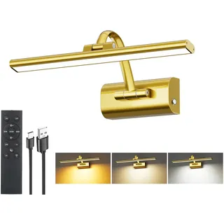 HUAEU Bildbeleuchtung Kabellos, 5200mAh Akku Bilderleuchte 30cm, LED Wandleuchte Innen mit Fernbedienung & Timer, Dimmbar 3 Farbtemperaturen Bilderlampe für Malen Foto Portrait Dartbrett, Gold