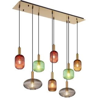 Hängelampe Hängeleuchte Pendellampe Pendelleuchte Esstischleuchte Designleuchte, 8 Flammig Glas Metall messingfarben, 8x E27 Fassungen, LxBxH 125x48x125cm