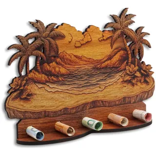 DRO Design Geldgeschenke, Geschenkverpackung Holz-Optik Urlaub Strand Motiv – Bargeldgeschenk, Geldpräsent, Kreatives Geldgeschenk, Geburtstag, Hochzeit, Weihnachten