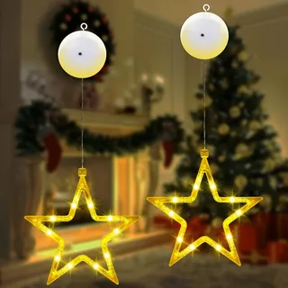 AUAUY 2 Stück LED Sterne Weihnachtsbeleuchtung, mit Saugnäpfe, Warmweiß | LED Fenster, Batteriebetriebene, Weihnachten Dekorative Fenster Licht Innen, für Weihnachten Deko, Balkon, Party, Hochzeit