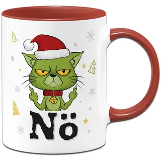 Tasse Grinch Katze - Nö - Weihnachtstasse lustig, Kaffeetasse mit Spruch als Geschenk für Anti Weihnachtsmuffel an Weihnachten (Rot)