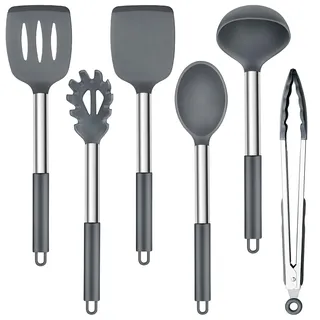 Herogo Kochlöffel Set, 6 Stück Silikon Küchenhelfer Kochbesteck, Grau | Hitzebeständiger Kochutensilien Küchenset mit Edelstah Griff, Antihaft Küchenutensilien Set zum Kochen, Spülmaschinenfest
