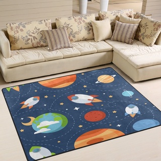 Use7 Teppich mit Cartoon-Rakete, Weltraum, Planeten, Sterne, für Wohnzimmer, Schlafzimmer, 160 cm x 122 cm