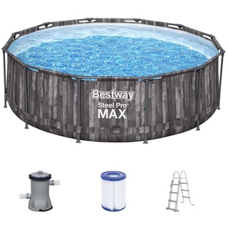 Bestway® Steel Pro MAXTM Frame Pool-Set mit Filterpumpe Ø 366 x 100 cm, Holz-Optik (Mooreiche), rund