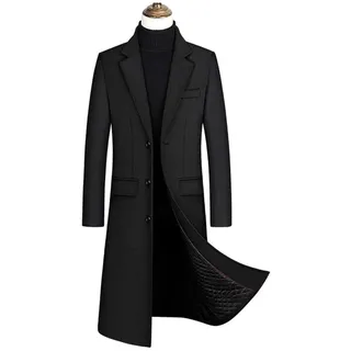 Wintermantel Herren Lang Wolle Mantel Slim Fit Zweireihig Revers Herrenmantel Business Baumwolle Mantel Wollmantel,Schwarz,XXXXL